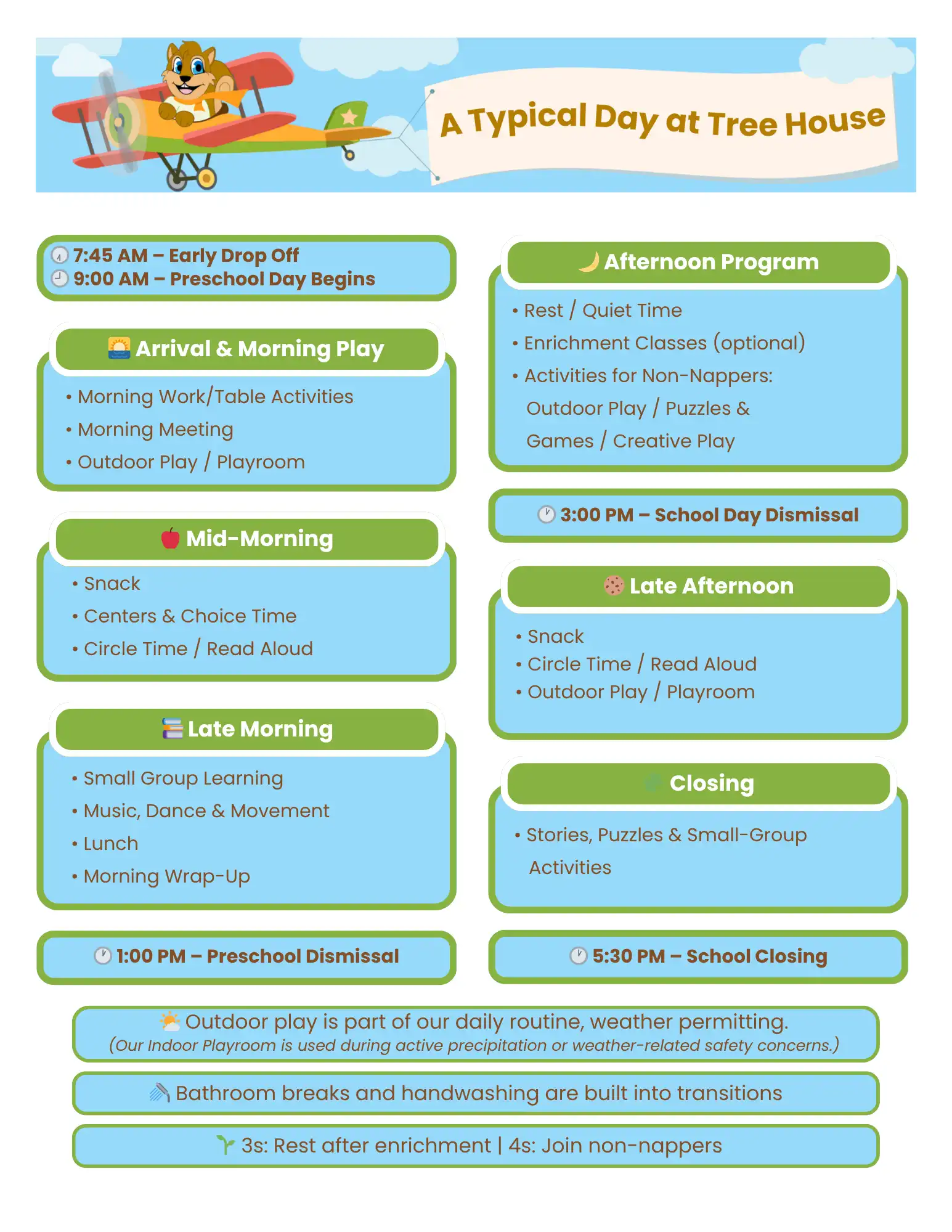 an example schedule of a day at tree house preschool